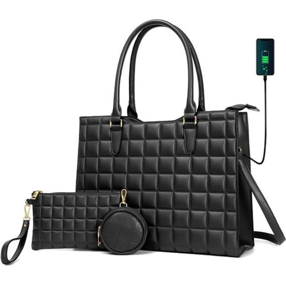 Luxury Laptop Tote Bag with Built-in USB Charging Port-3pcs Set (Black) - Picture 1 of 5
